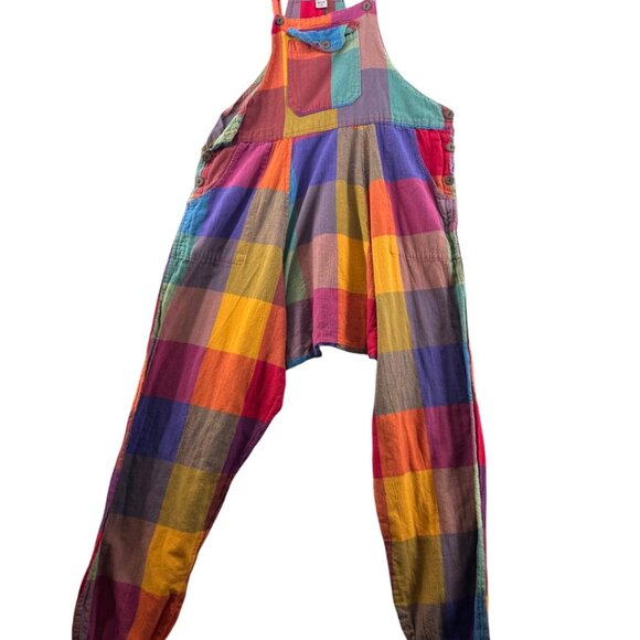 Boho Colorful Plaid Patchwork Unisex Harem Overalls Size XL - Picture 1 of 9